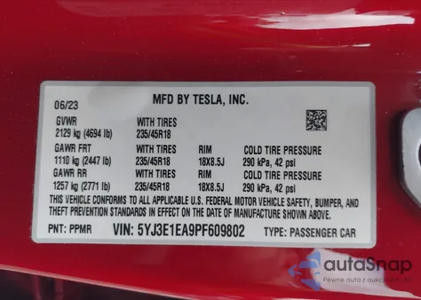 2023 Tesla Model 3 Rear-Wheel Drive из США, поврежденный, VIN 5YJ3E1EA9PF609802